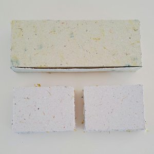50 Pieces of thick handmade recycled card 4x3 Inch in Gift Box. Cream in colour, deckle and rough torn edges with saffron flecks
