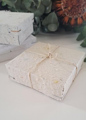 Box of Note Paper. 50 Handmade small sheets. 3 inch sqaure Recycled Note Paper. Gift Boxed. Deckle edge and Hand Torn pieces