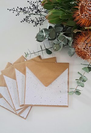 5 Sheets of 6x6 inch Handmade Recycled Paper with grass / lawn with square brown envelopes