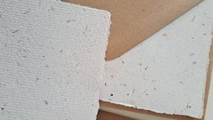 5 x Hand made recycled Paper Sheets with lawn clippings / grass, 5 x plain brown recycled 5x7" envelopes