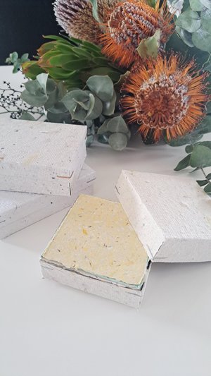 Box of Note Paper. 50 Handmade small sheets. 3 inch sqaure Recycled Note Paper. Gift Boxed. Deckle edge and Hand Torn pieces