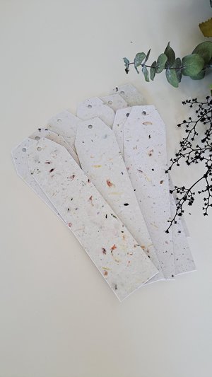 Large tags / labels / bookmarks, handmade recycled paper with botanicals