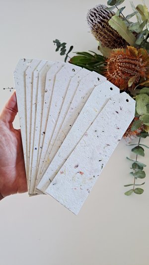 Large tags / labels / bookmarks, handmade recycled paper with botanicals