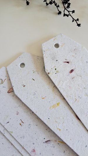 Large tags / labels / bookmarks, handmade recycled paper with botanicals