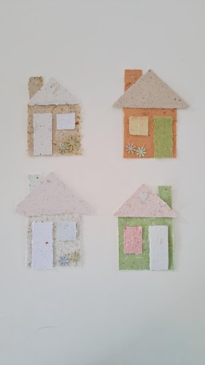 Little Houses Paper Collage Craft Kit: DIY handmade recycled paper pieces to create 4 flat house designs.