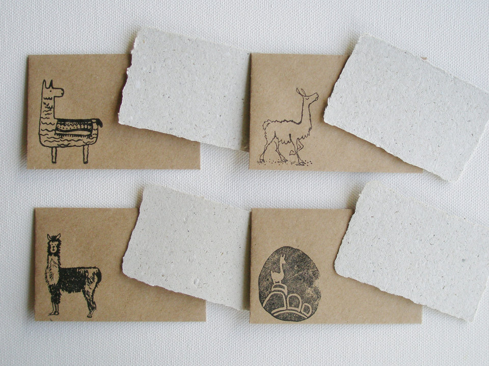 Llama Poo Card Set with Brown Envelopes, 4 Mini Handmade Recycled Llama Poo Paper Cards, hand stamped envelopes