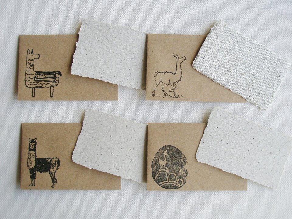Llama Poo Card Set with Brown Envelopes, 4 Mini Handmade Recycled Llama Poo Paper Cards, hand stamped envelopes