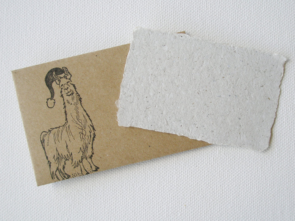 Christmas Mini Gift Card with Brown Envelope, Handmade Recycled Llama Poo Paper Card, hand stamped envelope