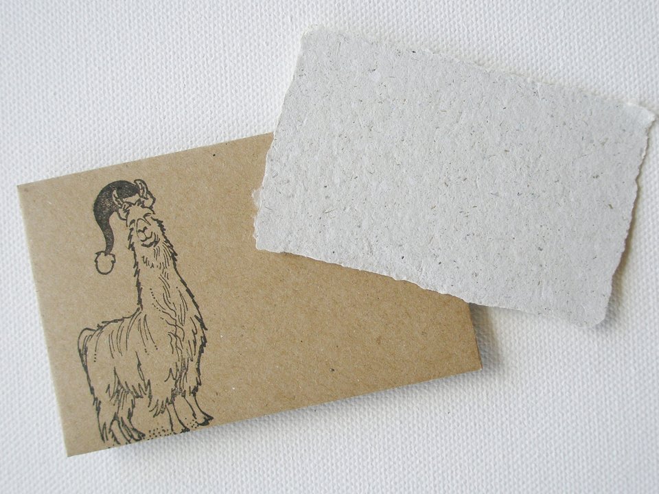 Christmas Mini Gift Card with Brown Envelope, Handmade Recycled Llama Poo Paper Card, hand stamped envelope