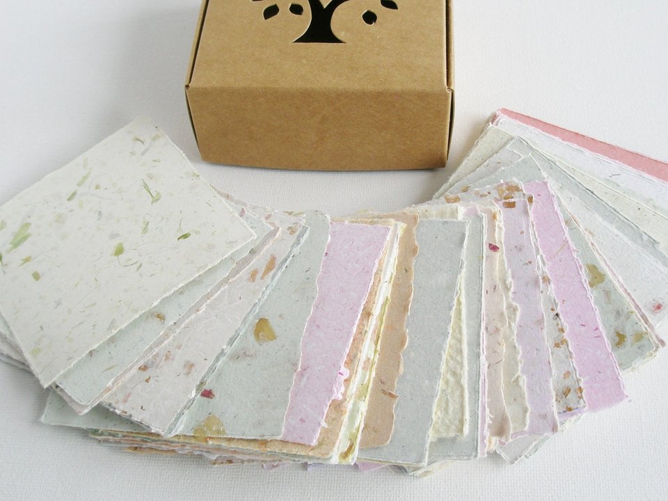 Box of Note Paper. 50 Handmade small sheets. 3 inch sqaure Recycled Note Paper. Gift Boxed. Deckle edge and Hand Torn pieces