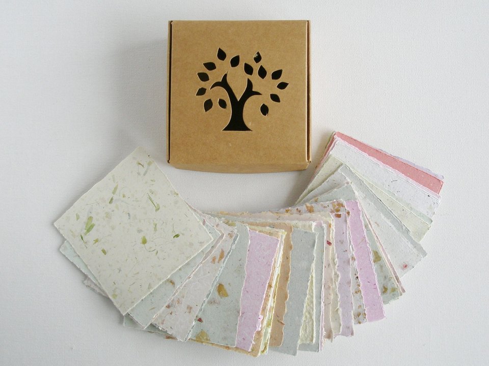 Box of Note Paper. 50 Handmade small sheets. 3 inch sqaure Recycled Note Paper. Gift Boxed. Deckle edge and Hand Torn pieces