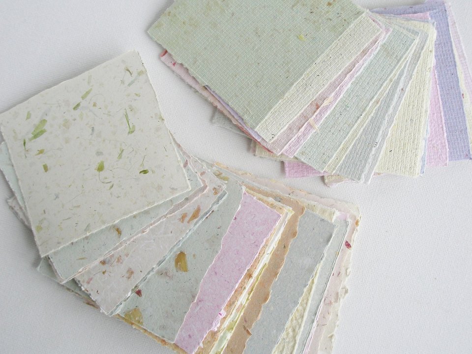 Box of Note Paper. 50 Handmade small sheets. 3 inch sqaure Recycled Note Paper. Gift Boxed. Deckle edge and Hand Torn pieces