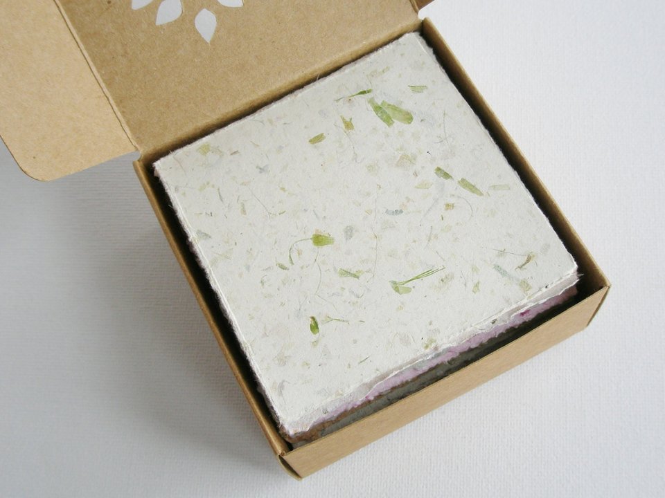 Box of Note Paper. 50 Handmade small sheets. 3 inch sqaure Recycled Note Paper. Gift Boxed. Deckle edge and Hand Torn pieces