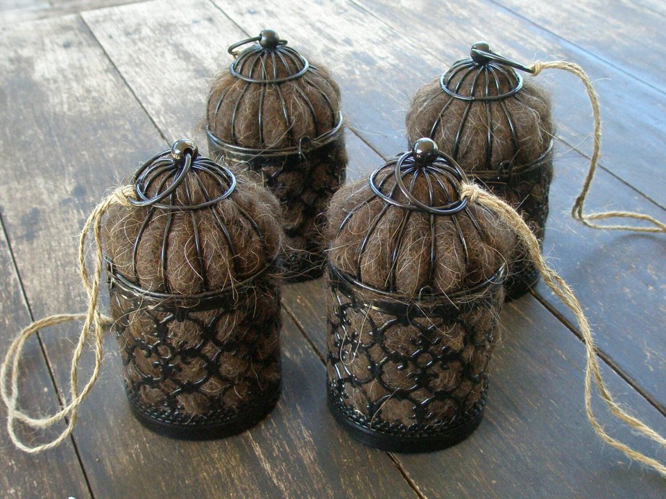 Black Bird Nester with Llama wool for nesting birds. Garden gift for gardener who loves wild birds visiting for birdbath, feeder, birdhouse