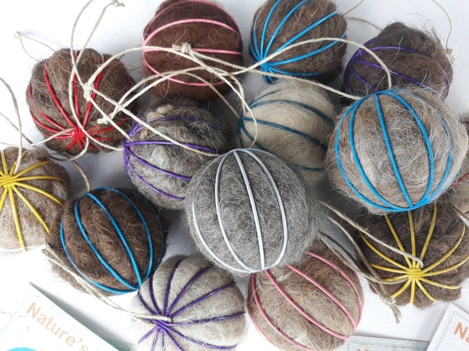 Box of 6 Bird Nesters, Llama Fibre. Bright Coloured baubles with nesting material for the birds in gift box. Eco friendly Decoration, Garden
