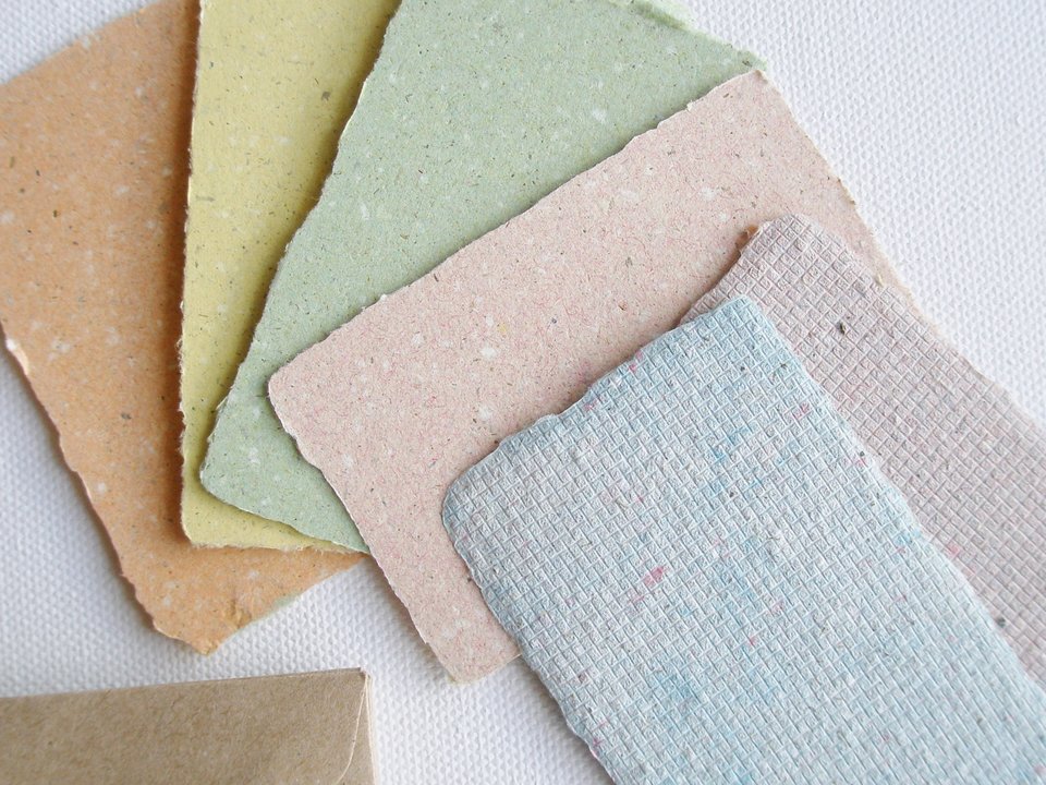 Llama Poo Paper Cards. 6 x Coloured mini handmade recycled paper gift cards 2 x 3 inch with llama poo and plain brown envelopes