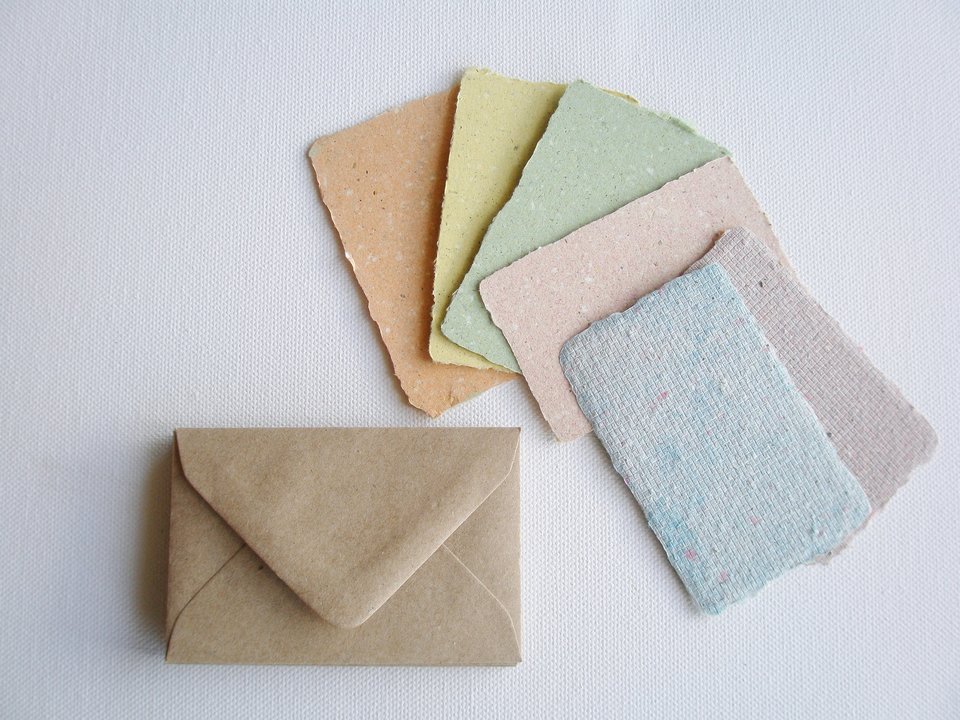 Llama Poo Paper Cards. 6 x Coloured mini handmade recycled paper gift cards 2 x 3 inch with llama poo and plain brown envelopes