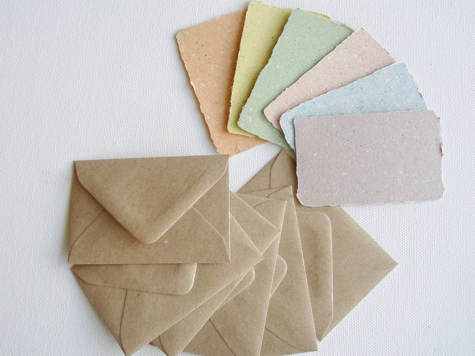 Llama Poo Paper Cards. 6 x Coloured mini handmade recycled paper gift cards 2 x 3 inch with llama poo and plain brown envelopes