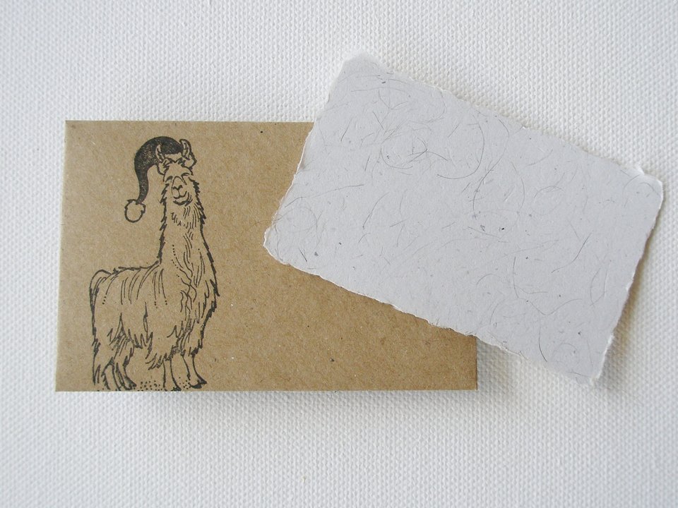 Christmas Llama Fibre Mini Card and Hand Stamped Envelope, Handmade Recycled Paper Card