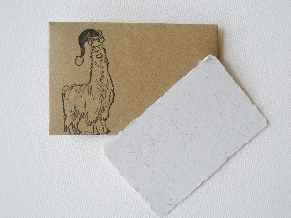 Christmas Llama Fibre Mini Card and Hand Stamped Envelope, Handmade Recycled Paper Card
