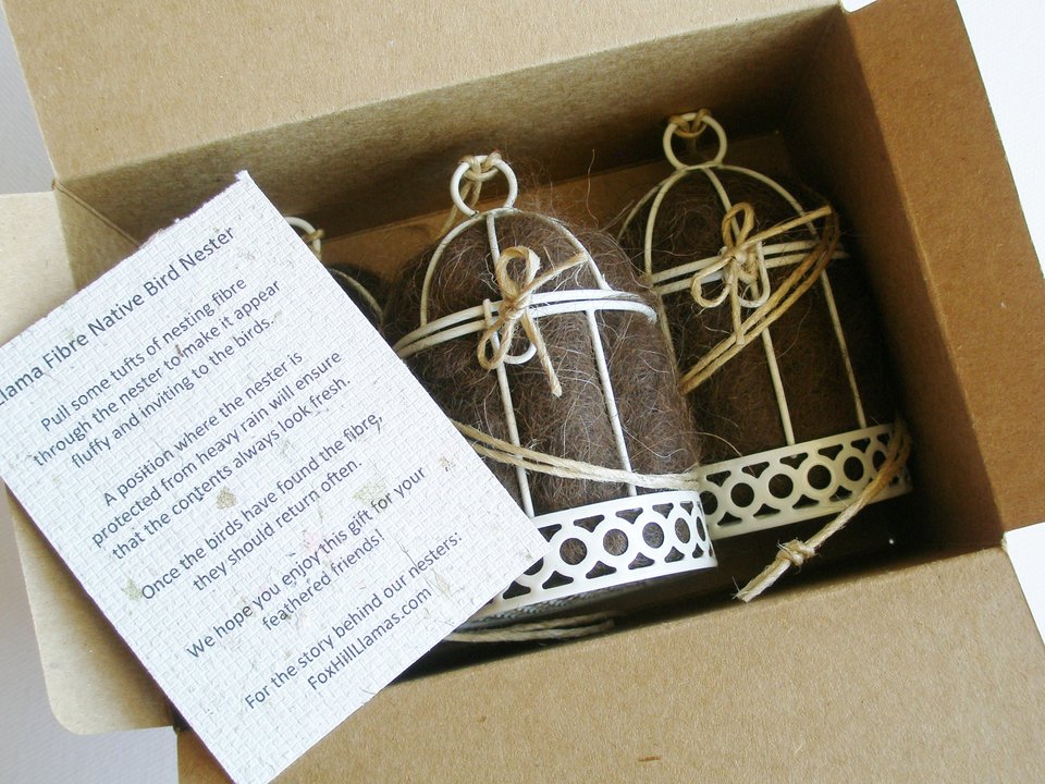 Garden Gift Set, 3 Small Bird Nesters in Box, Llama nesting material for nest building, Bird Gifts, Gift for Mum Gardener, Xmas Eco Gift