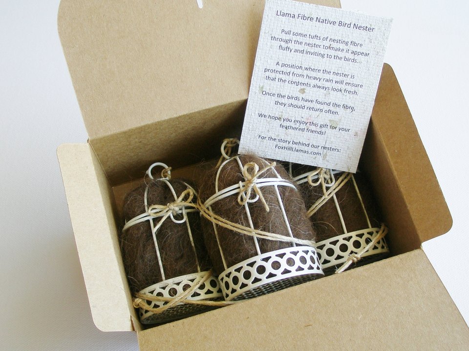 Garden Gift Set, 3 Small Bird Nesters in Box, Llama nesting material for nest building, Bird Gifts, Gift for Mum Gardener, Xmas Eco Gift