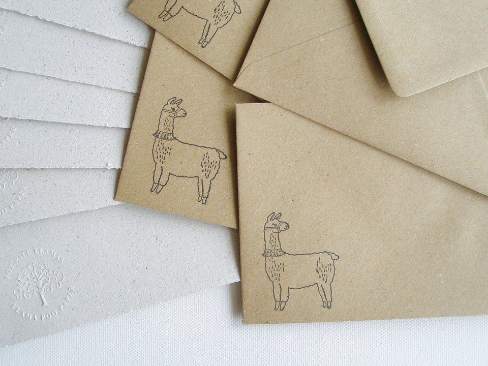 Letter Writing Set made from handmade recycled paper with llama poo. Eco friendly stationery for llama lover gift. 6x4 Inch sheets