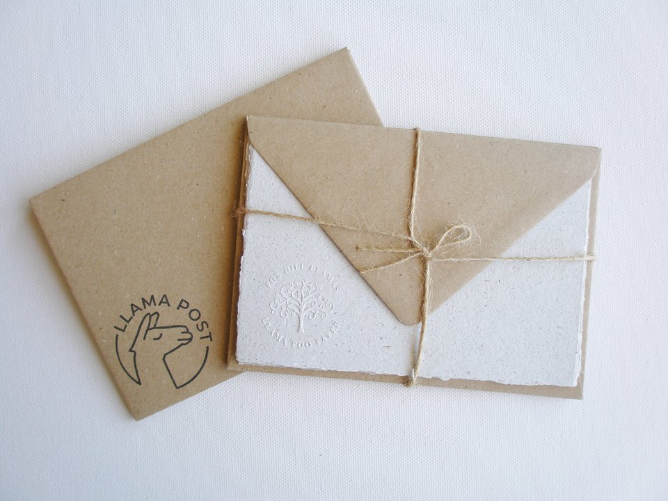 Handmade Llama Letter Set with Poo Paper and recycled envelopes. Writing sheets for children with hand stamped envelopes 6 x 4 inch