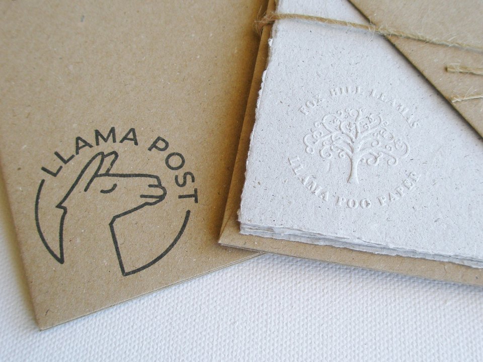 Handmade Llama Letter Set with Poo Paper and recycled envelopes. Writing sheets for children with hand stamped envelopes 6 x 4 inch