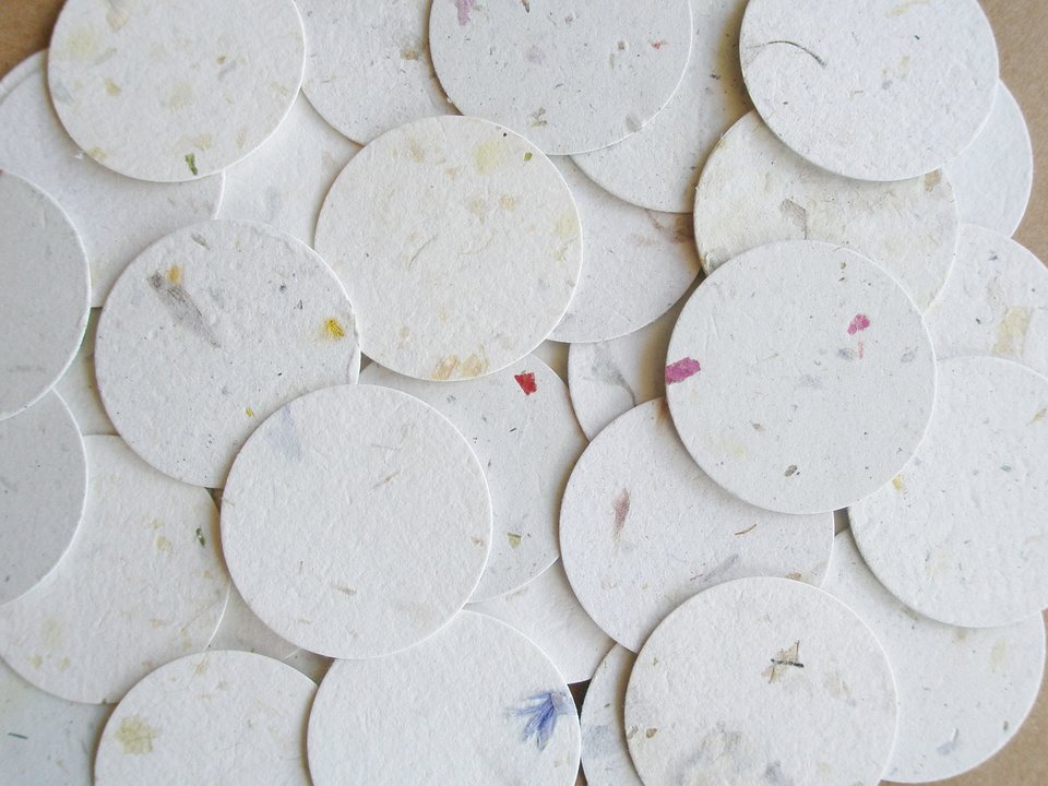 100 Handmade Paper Small Circle Cut Outs. 3.5cm Neutral Tones. Recycled