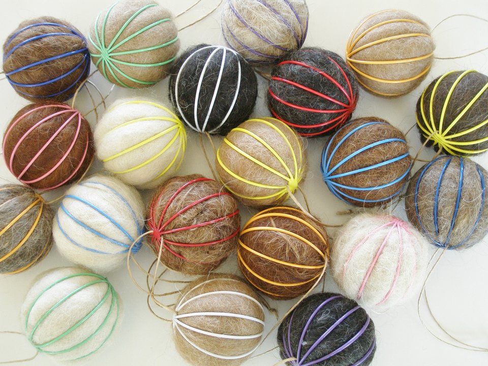 Box of 6 Bird Nesters, Llama Fibre. Bright Coloured baubles with nesting material for the birds in gift box. Eco friendly Decoration, Garden