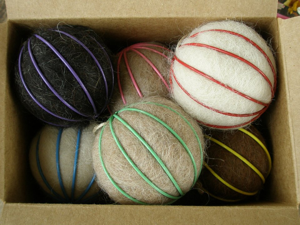Box of 6 Bird Nesters, Llama Fibre. Bright Coloured baubles with nesting material for the birds in gift box. Eco friendly Decoration, Garden