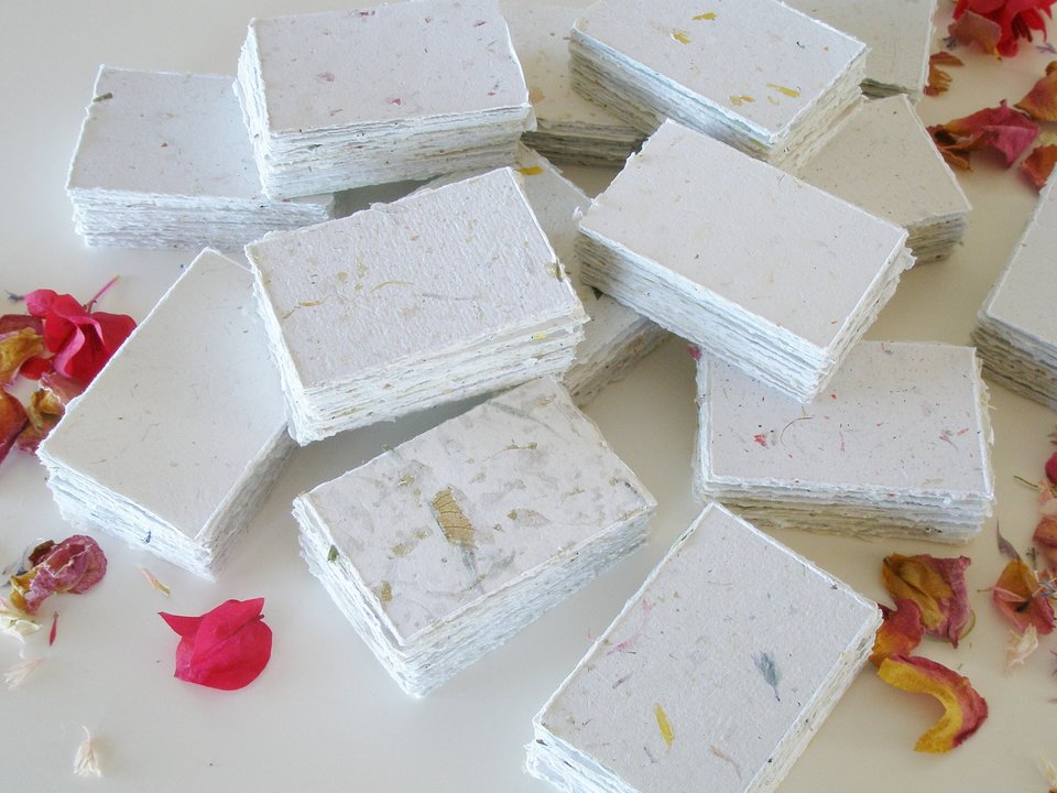 30 x Hand-made Recycled Paper Pieces 2 x 3", Small Hand Torn / Deckle Edge Sheets, Handmade Pieces with Petals in Neutral Tones