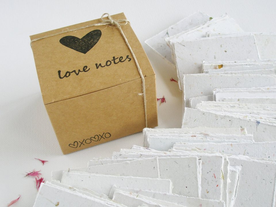 Box of Blank Love Notes. Handmade Recycled Love Note Paper. 120 Small Hand Torn Pieces for Messages