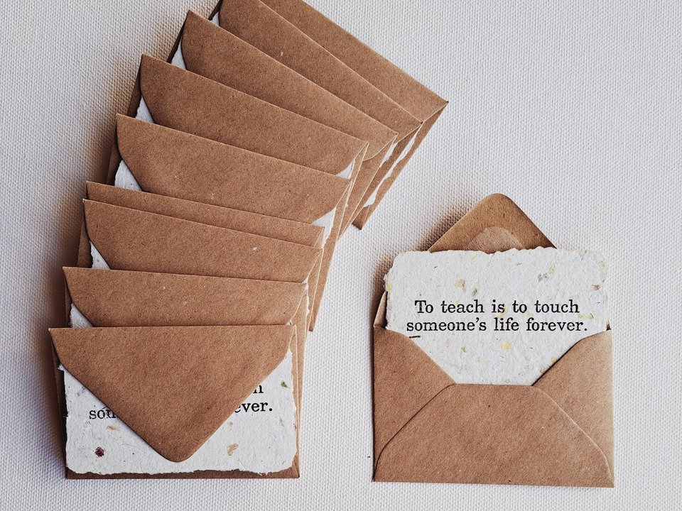 10 Mini Teacher Encouragement Cards with Envelopes, Handmade Recycled Paper Notes for colleagues, educators, mentors and coaches