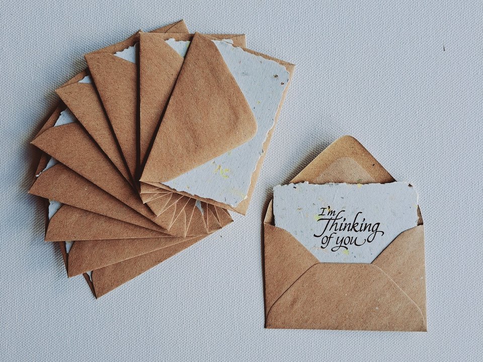 10 Mini Cards with Envelopes, Handmade Recycled Paper 'thinking of you" Notes
