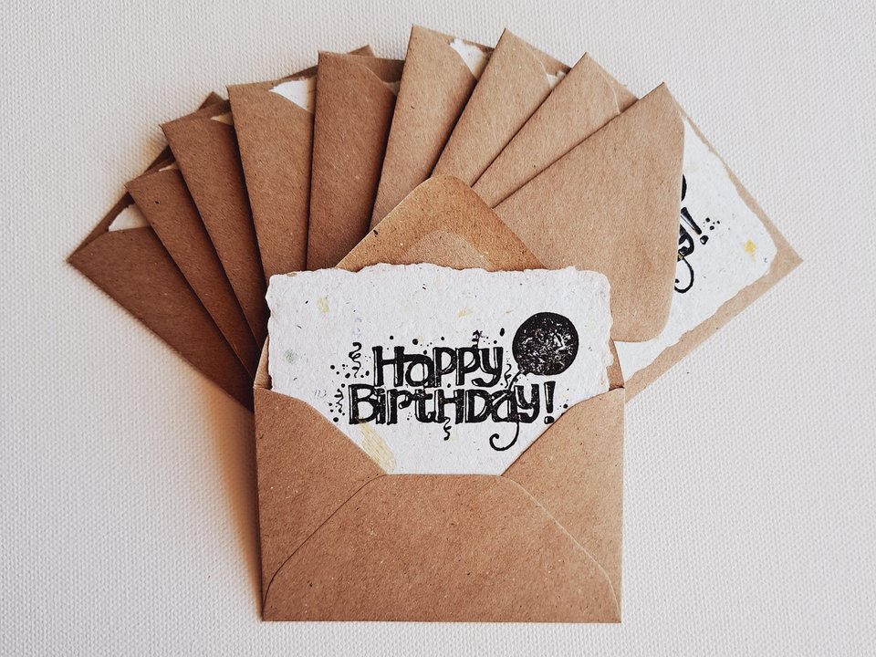 10 Mini Happy Birthday Cards and Envelopes, Handmade Recycled Paper Gift Card