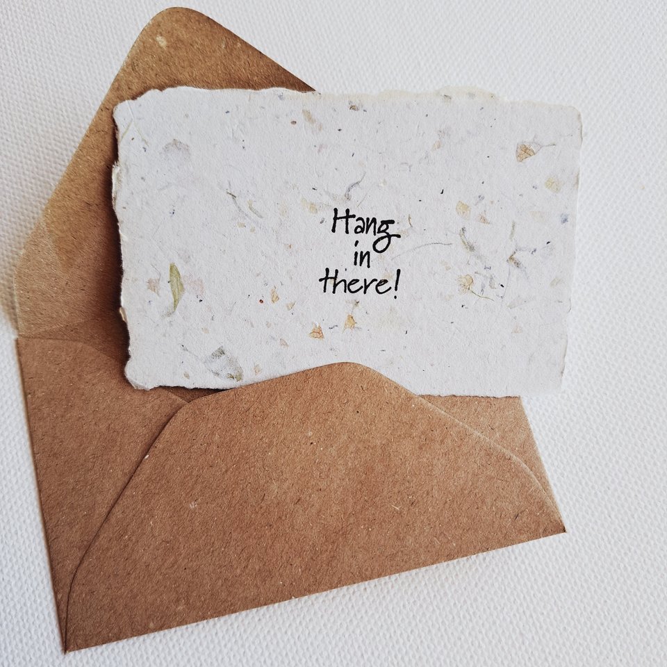 10 Mini Cards with Envelopes for Teachers, Parents, Friends. Handmade Recycled Paper "Hang in there" messages