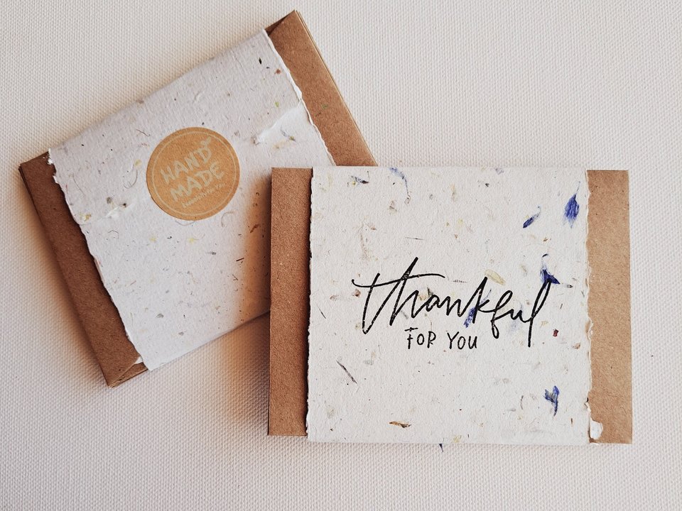 10 Mini Cards with Envelopes, Handmade Recycled Paper 'Thankful for you" Messages, Gratitude cards, set
