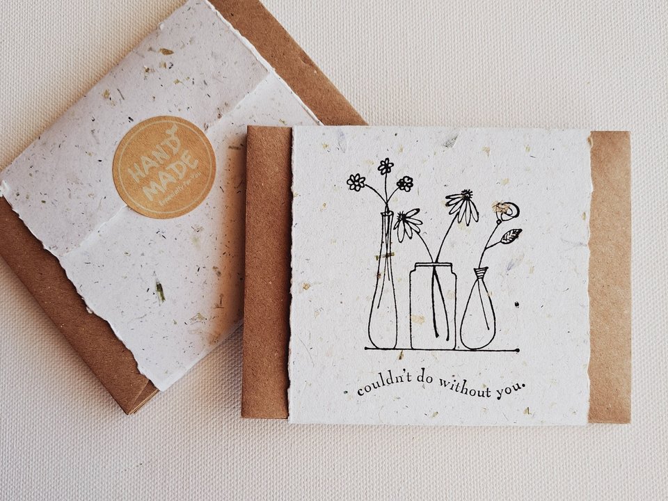 10 Mini Appreciation Cards with Envelopes for Teachers, Parents, Friends. Handmade Recycled Paper "Couldn't do without you" messages