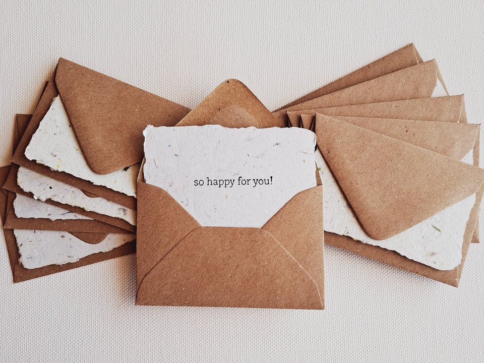 10 Mini "So happy for you" Cards with Envelopes, Recycled accomplishment, achievement and celebration cards