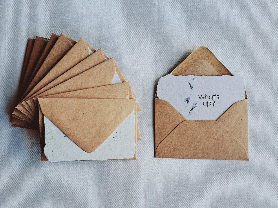 10 Mini Cards with Envelopes for Teachers, Parents, Friends. Handmade Recycled Paper "What's Up?" notes