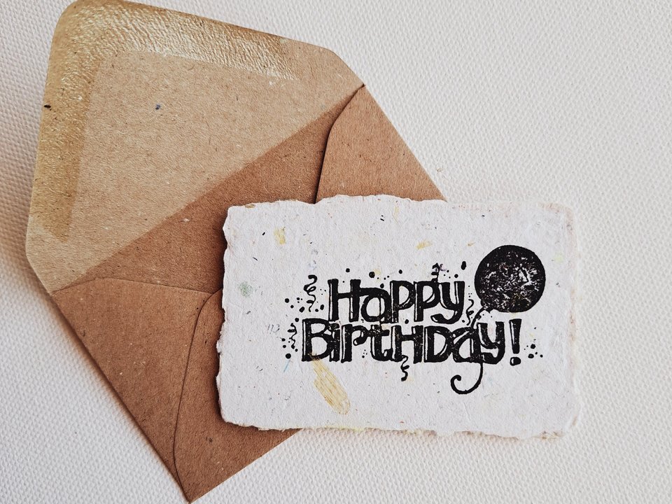 10 Mini Happy Birthday Cards and Envelopes, Handmade Recycled Paper Gift Card