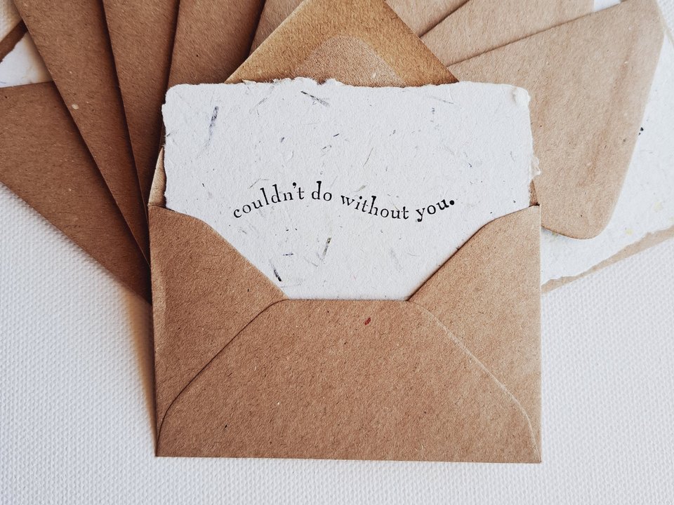 10 Mini Appreciation Cards with Envelopes for Teachers, Parents, Friends. Handmade Recycled Paper "Couldn't do without you" messages