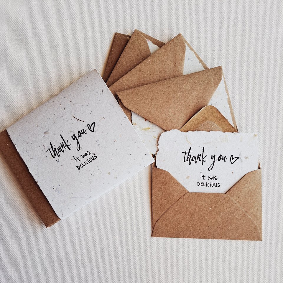 10 Mini Diners' Cards with Envelopes, Handmade Recycled Paper thank you messages for host, dinner guest, cafe patrons, restaurants, chefs