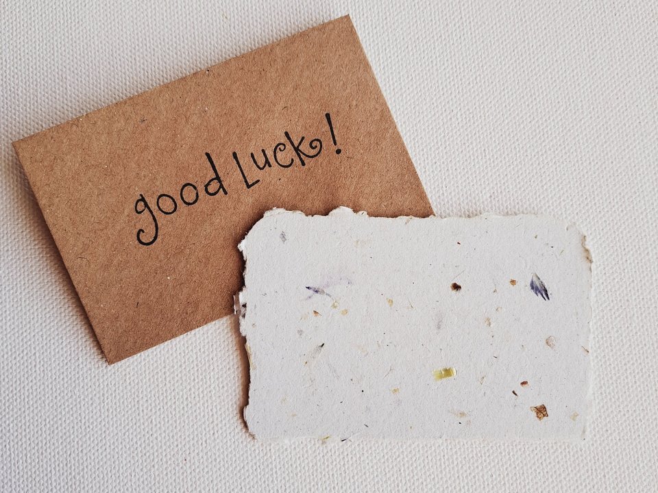 10 "Good Luck" Mini Handmade Cards with Recycled Envelopes, Paper Notes for students, mentor encouragement, teacher motivation messages,