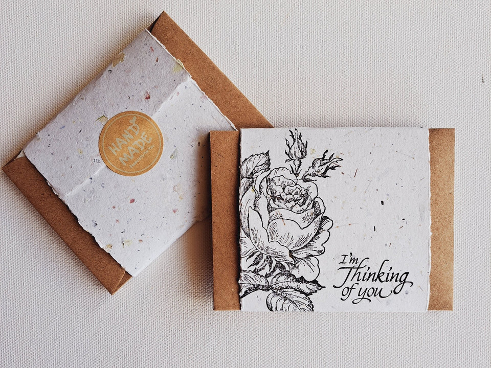 10 Mini Cards with Envelopes, Handmade Recycled Paper 'thinking of you" Notes