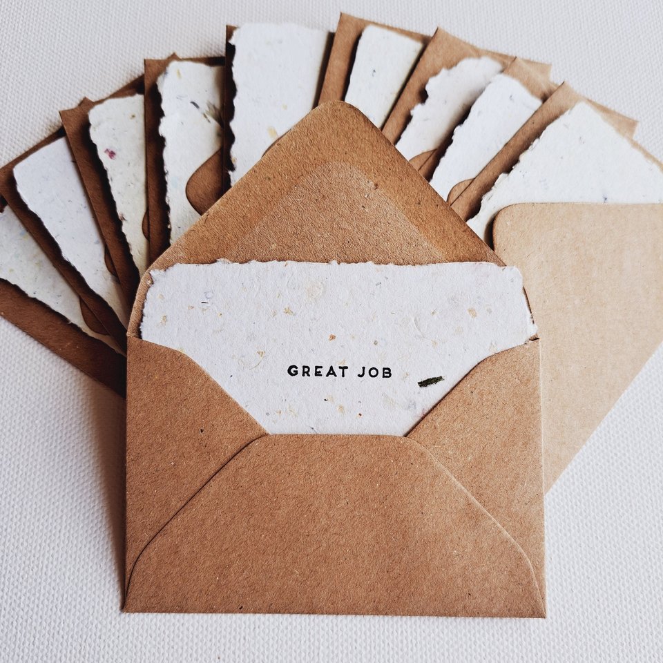 10 Mini Validation Cards with Envelopes, Handmade Recycled Paper messages for teachers, parents, colleagues and friends