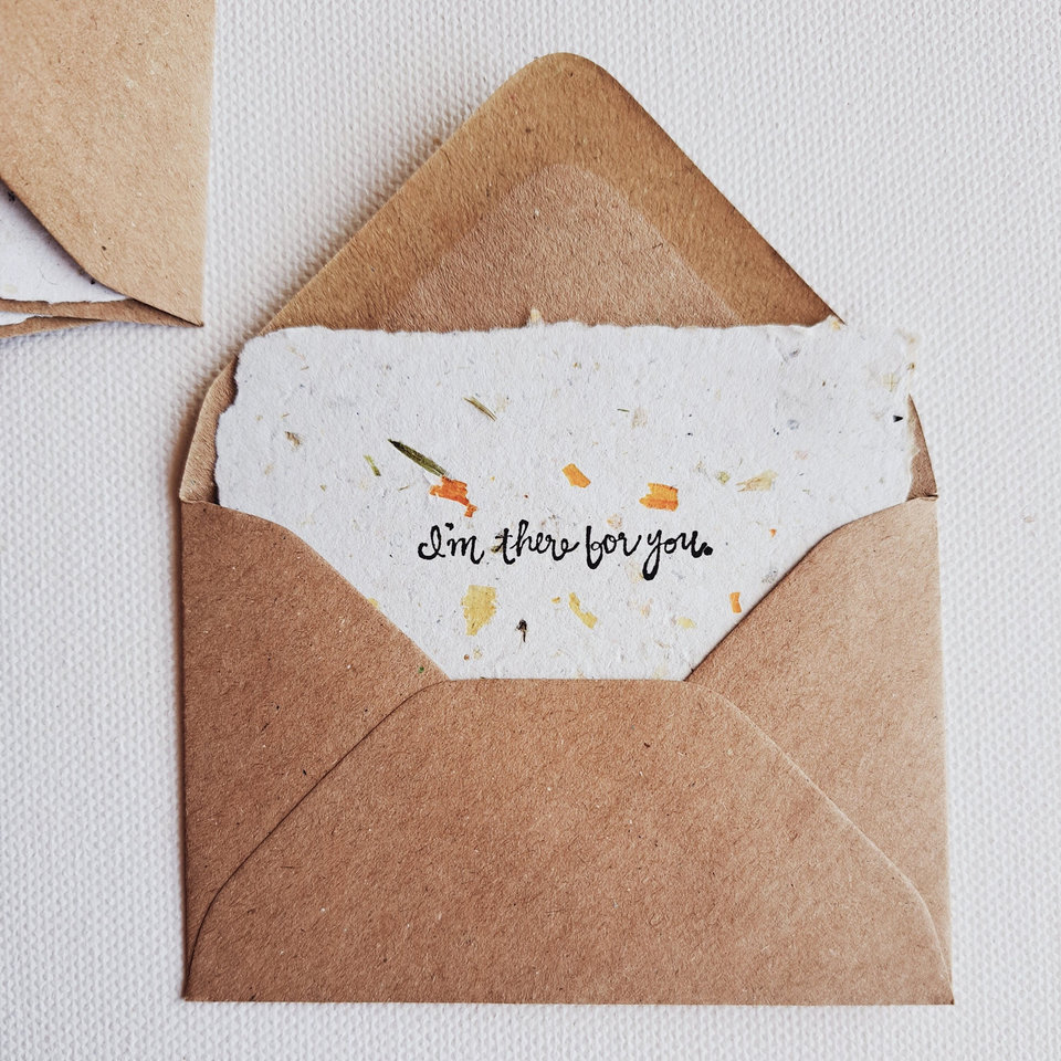 10 Mini Support Cards with Envelopes, Handmade Recycled Paper 'I'm there for you" Messages of assistance