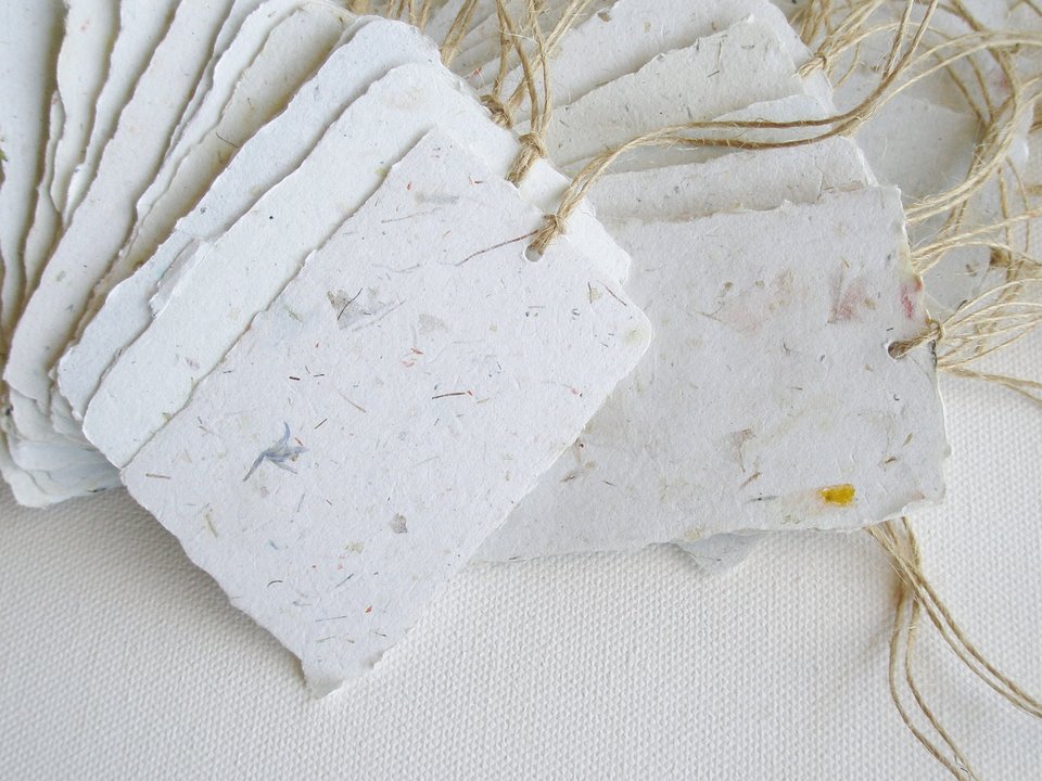 12 x Handmade Recycled Paper Tags, Gift Tags, Swing Tags, Deckle Edge homemade Tags, Blank Product Tags, Neutral toned Tags, Eco